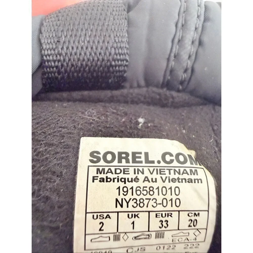Sorel Womens Whitney Boot Size 2 Big kid Black Nylon Quilted Puffy Bootie Water